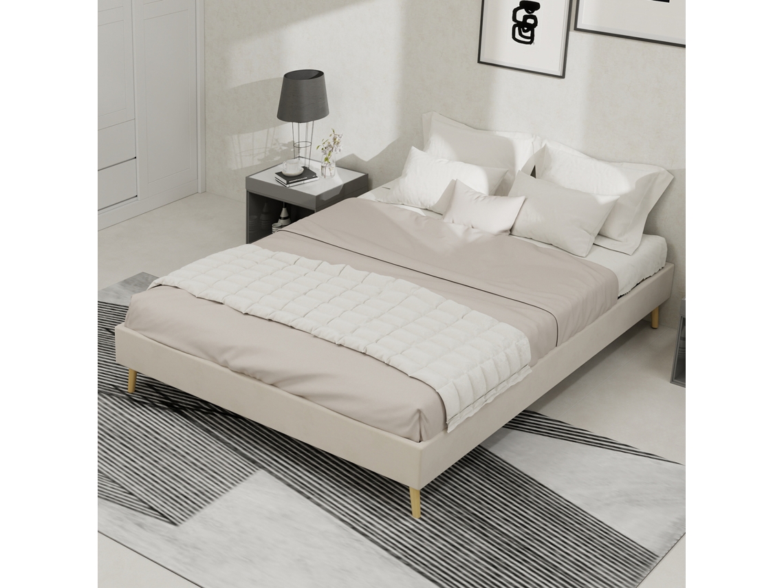 Estructura De Cama 140x200 Cm - Terciopelo Holandés, Base Baja - Beige