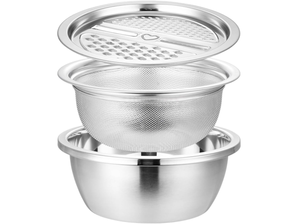 Juego de 3 utensilios de cocina multifuncionales de acero inoxidable: tazón/escurridor de frutas, cortador y