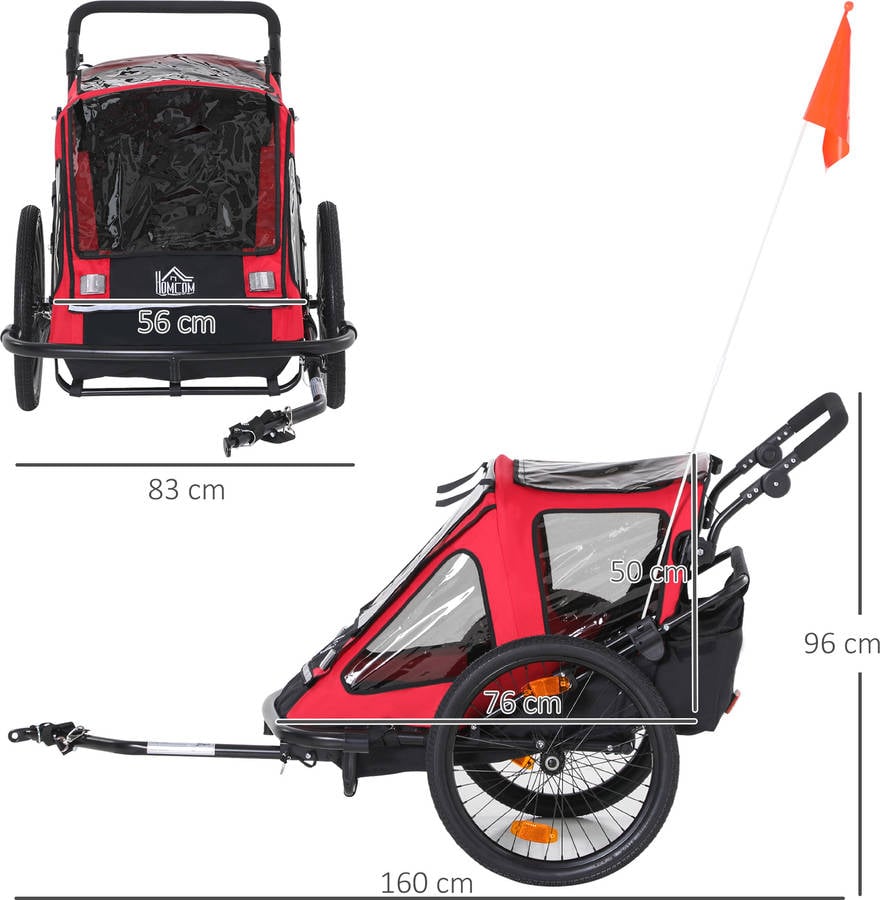 Remolque De Bicicleta para niño homcom rojo 160x83x96 cm infantil ajustable 440017rd y 118x83x96