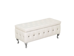 Puff Almacenaje Amour En Piel Sintética Blanca, Baúl Con Asiento Acolchado, Botones Decorativos Efecto Diamante Negro Y Patas Cromadas - Mog Casa