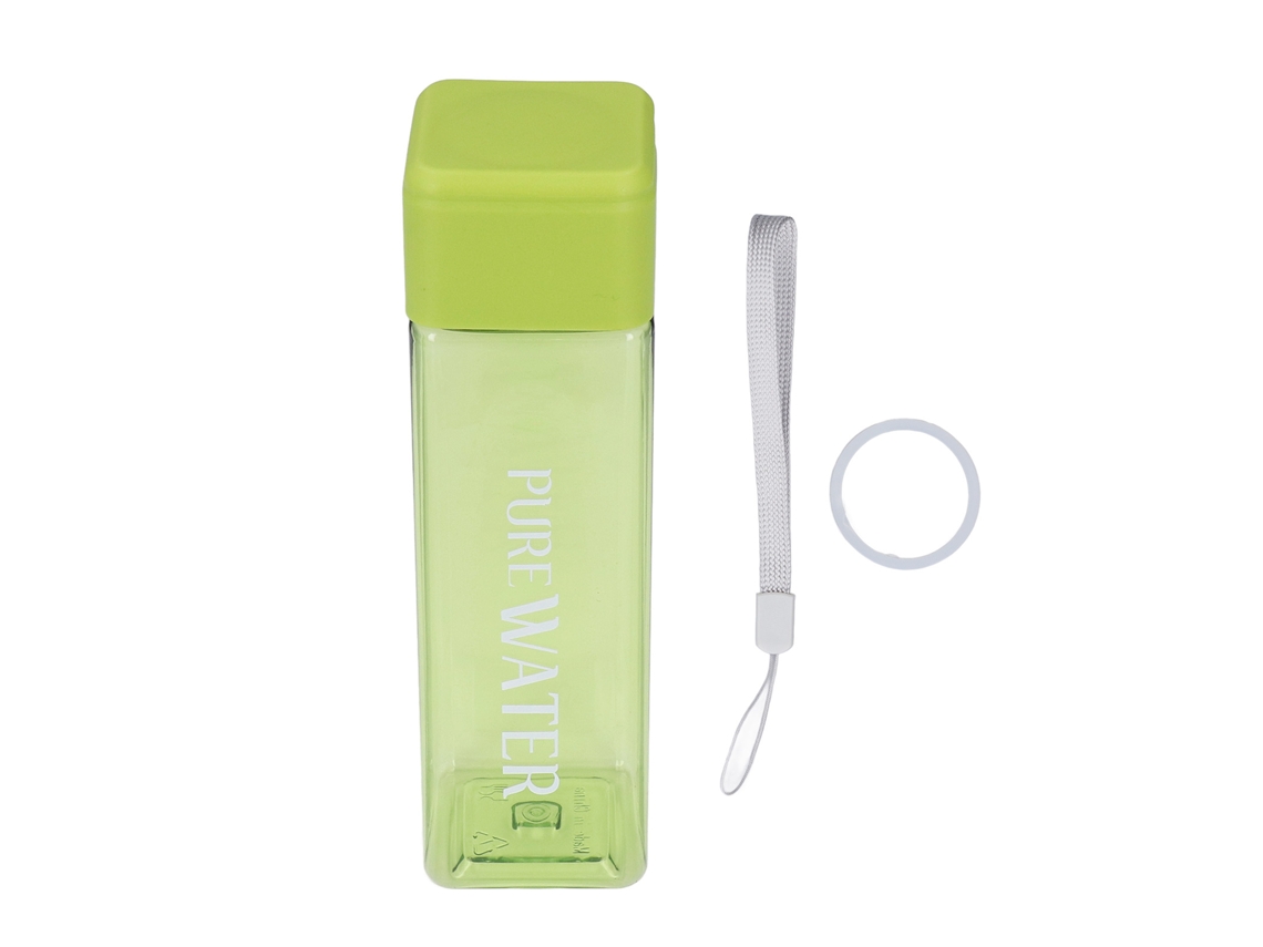 Botella de agua verde transparente de 500 ml con cordón.