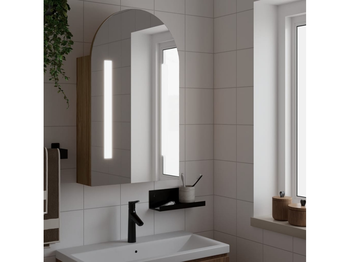 Armario de baño arqueado con espejo e iluminación LED, color roble.