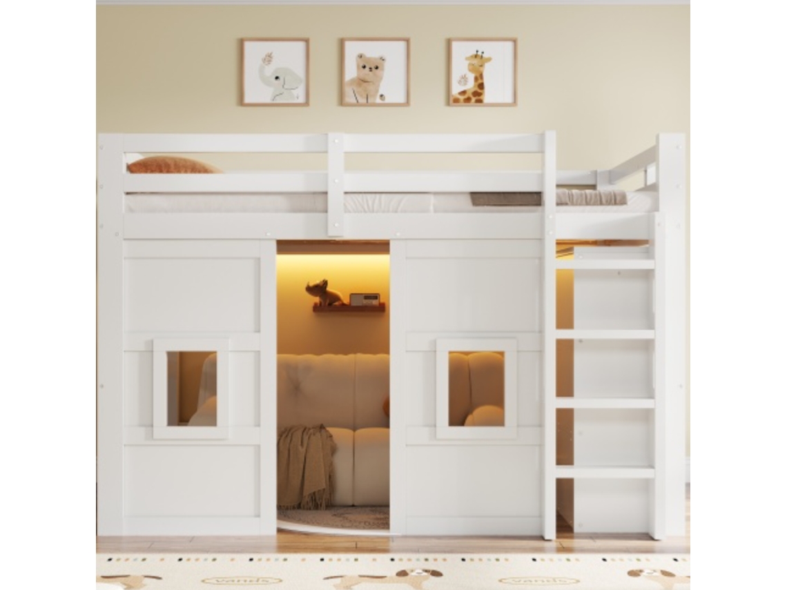 Cama Alta De Madera 140x200 Cm - Con Armario Integrado, 2 Ventanas E Iluminación Led - Blanco