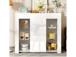 Aparador Moderno Blanco 95x35x83 Cm - Confrontación Brillante, Estantes De Vidrio Y Puerta - Blanco