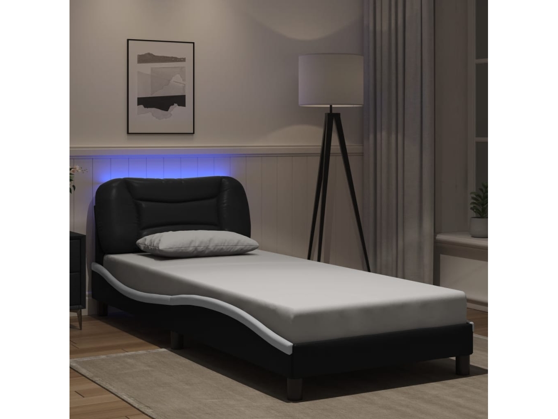 Estructura Cama Con Led Cuero Sintético Negro Blanco 90x200 Cm