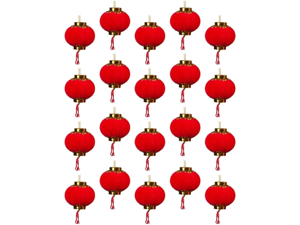 Juego 20 Farolillos Chinos Rojos Flocada 3d Fáciles Montar Decoración Festival Primavera Crear Ambiente Cálido