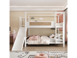 Litera infantil de 90 x 200 cm, estructura con forma de casa y tobogán, barandillas decorativas y escalera extraancha, madera natural y blanco