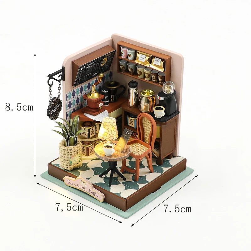 (Estilo 1) Set de casa de muñecas de madera 3D "Café acogedor" para armar, con luz LED.