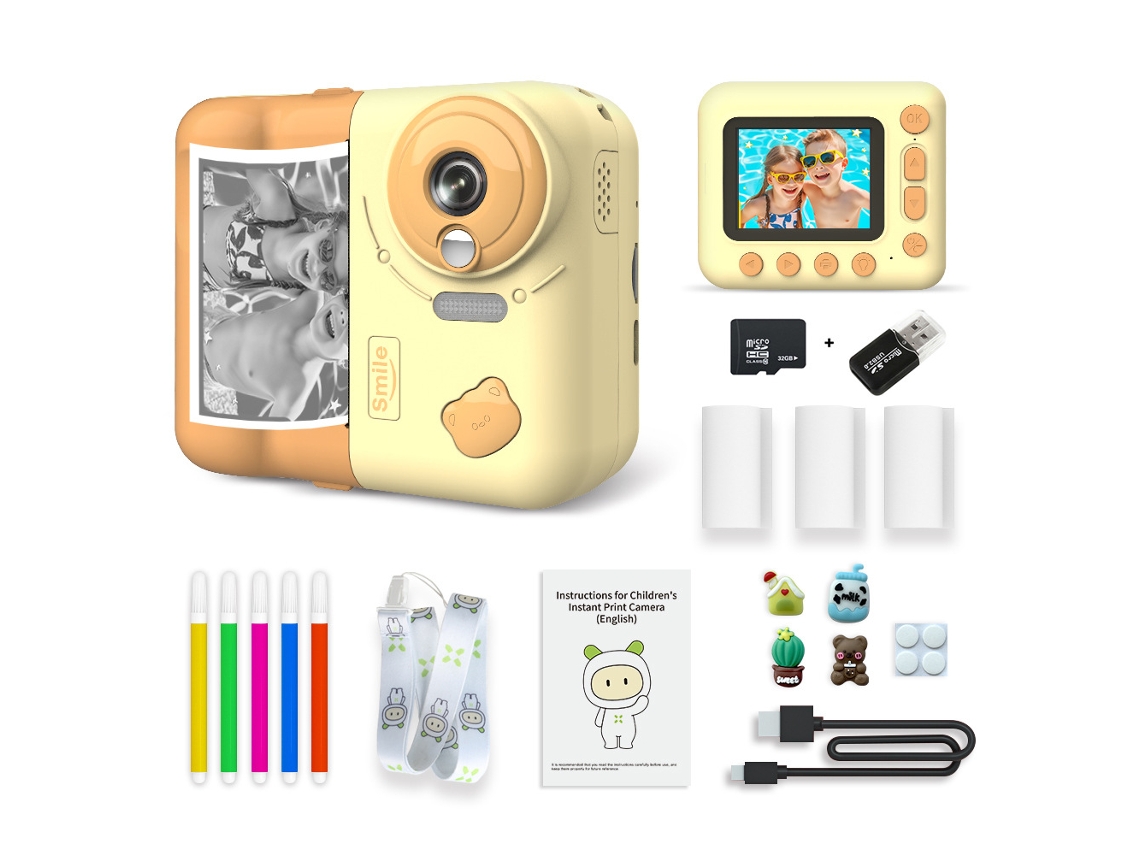 Câmera Digital Infantil 1080P Câmera de Impressão Térmica 32G Amarela GERTIZ