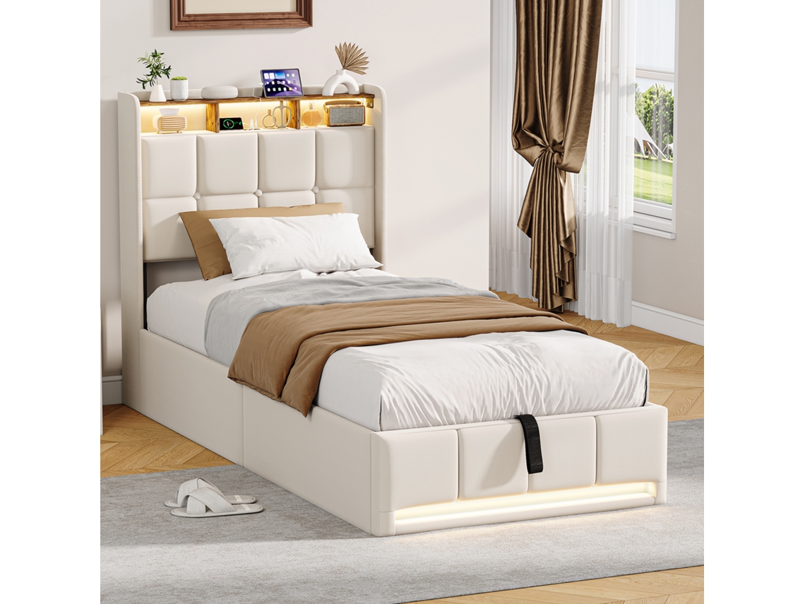 Cama Individual 90x200cm Beige Con Almacenamiento Hidráulico Cabecero Tapizado Lino Luces Led Rgb Y Puertos Usb/type-c - Estilo Moderno Y Práctico