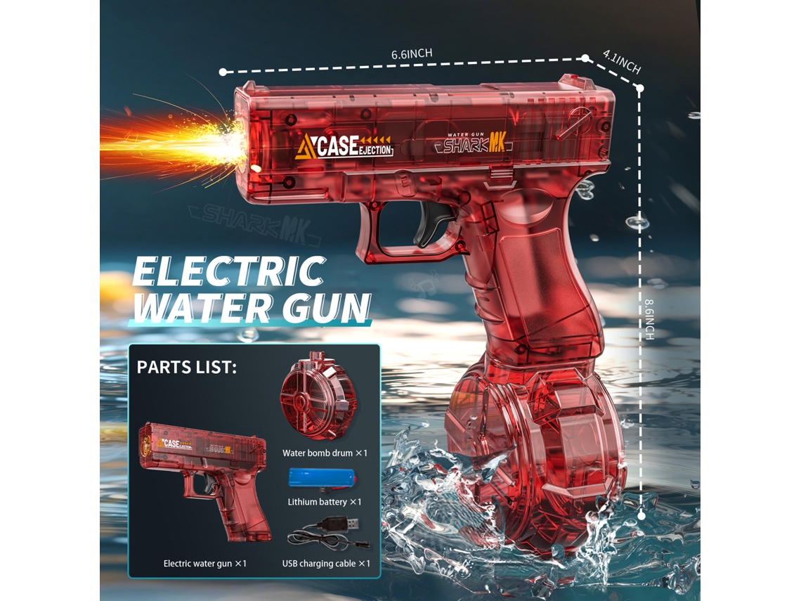 Pistola de agua eléctrica de juguete para niños con simulación de lanzamiento y retroceso, con luz y sensor automático. Mdug (roja)