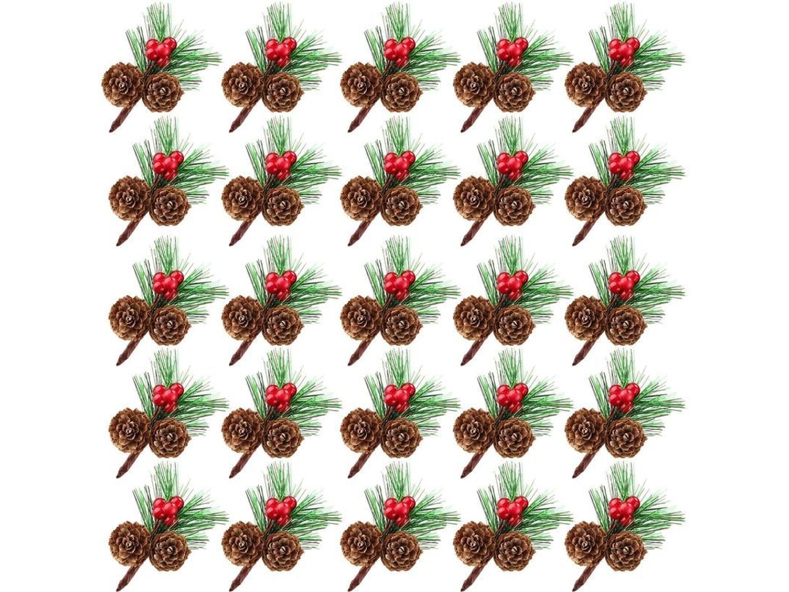 25 Mini Ramas De Pino Artificiales Con Bayas Rojas Y Piñas Naturales Para Navidad