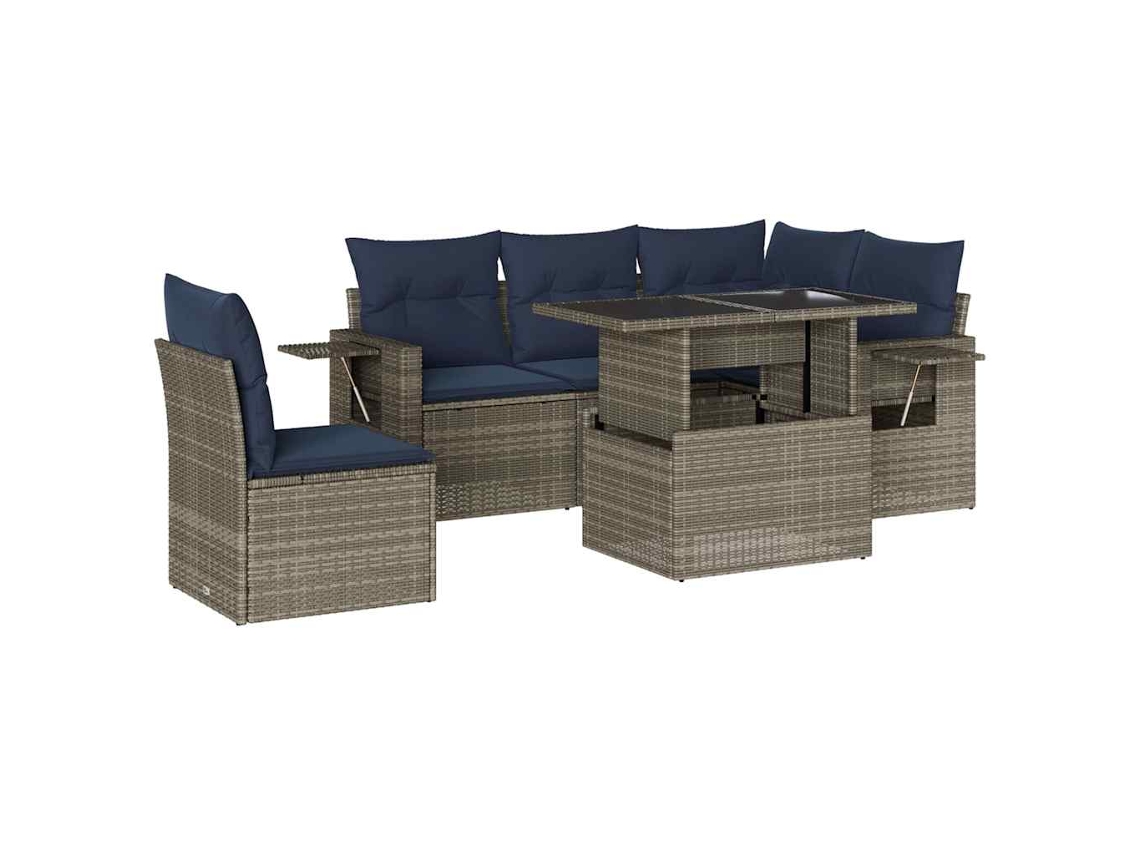 Conjunto de sofás de jardín, 6 piezas, cojines, ratán gris. EXCLUSIVO DE MAISON.