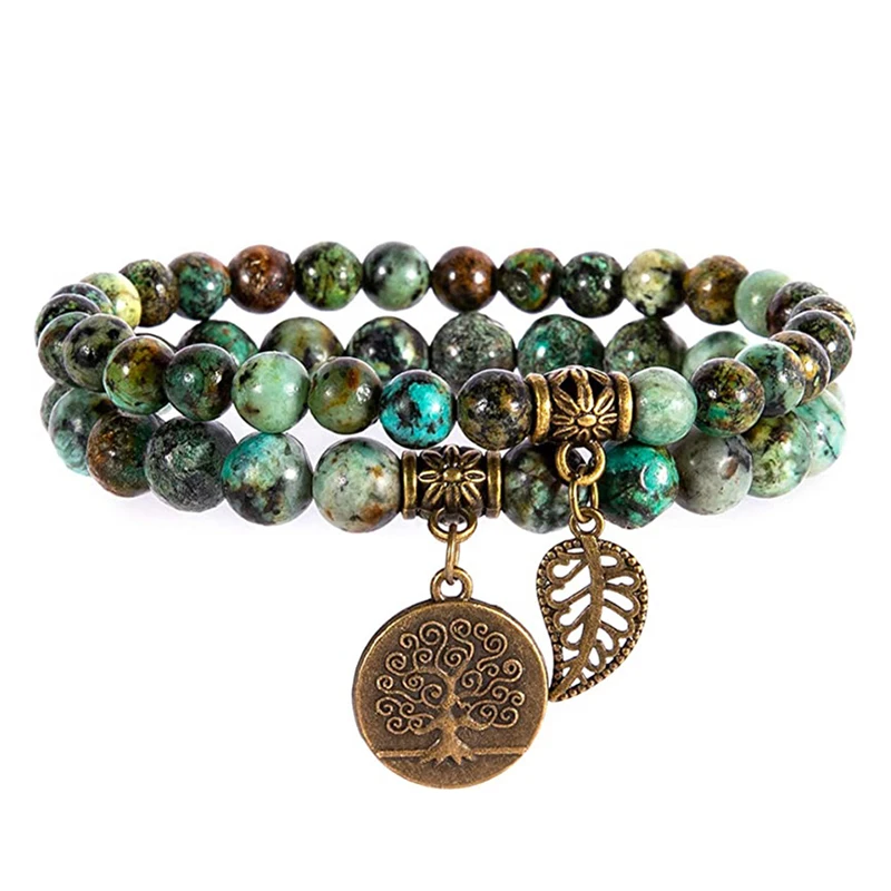 Pulsera Del Árbol De La Vida De Los Chakras (turquesa Africana), Pulsera De Cuentas De Piedra Natural