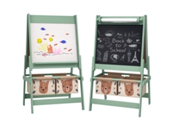 Caballete infantil 3 en 1 con soporte para rollo de papel higiénico, cuadrado negro, cuadrado blanco, cestas de almacenamiento, 54 x 46,5 x 93 cm, verde