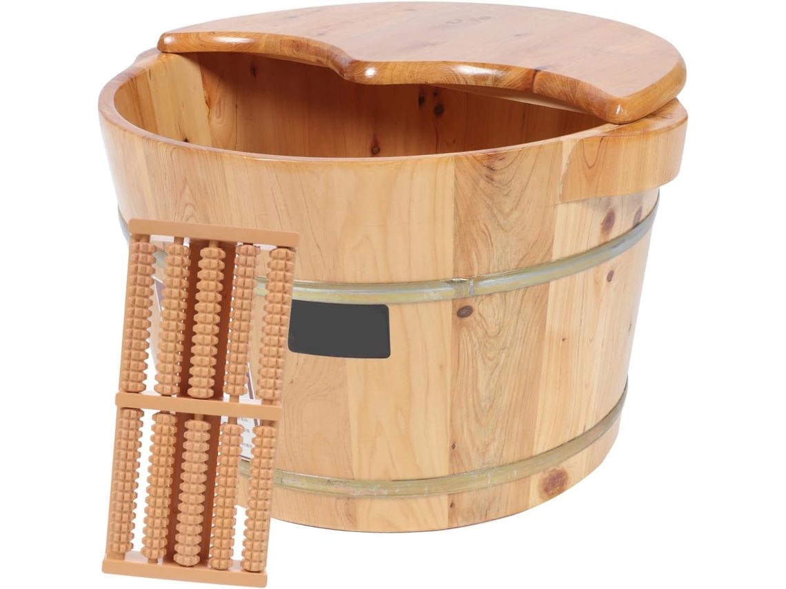 Bassine Baño De Pieds En Bois Cèdre Épais Couvercle Y Massage A Billes, Bassin Portátil 26l Pour