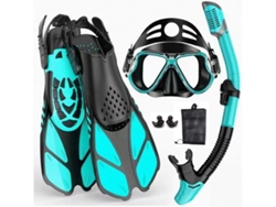Set De Snorkel 3 Piezas, Máscara De Buceo, Snorkel, Aletas Ajustables, Color Verde Y Negro, M (38-41).