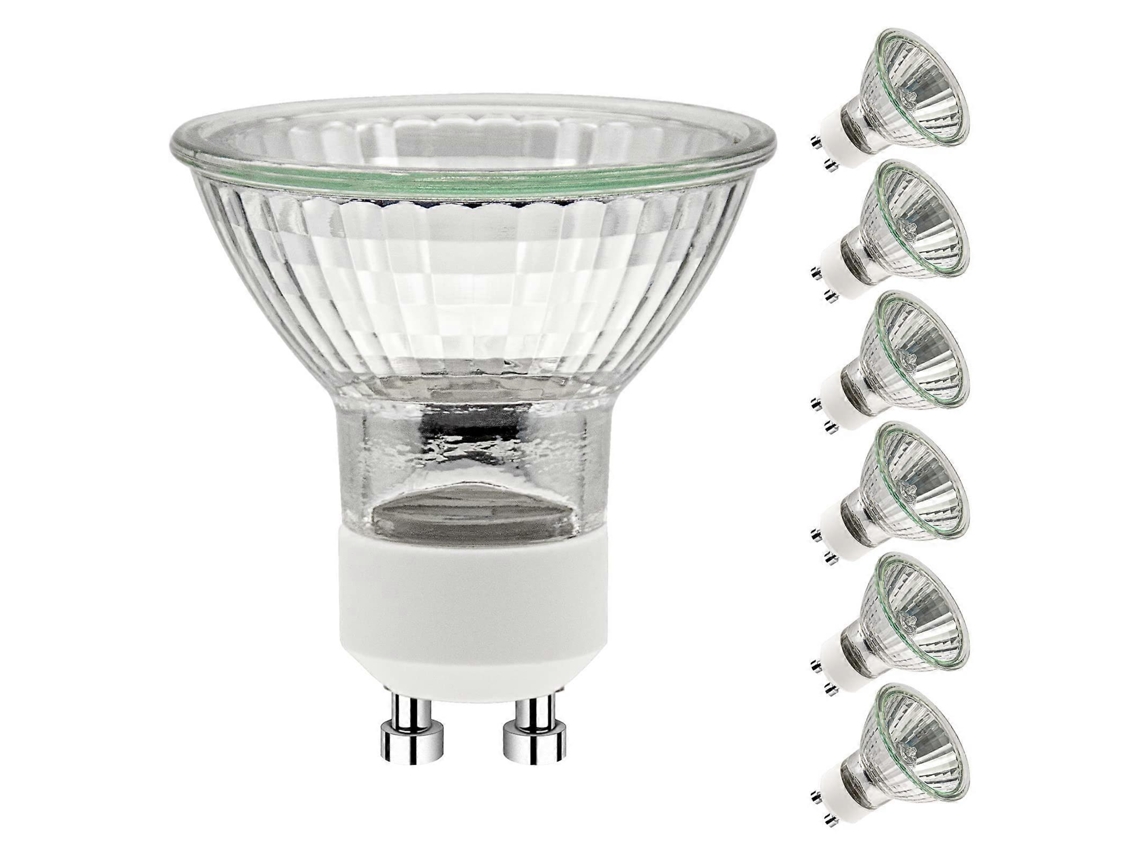 Bombillas halógenas Rebe GU10, paquete de 6, 230 V, 35 W, luz blanca cálida 2700 K, clase energética G, regulables, 420 lúmenes, 2500 horas de vida útil.