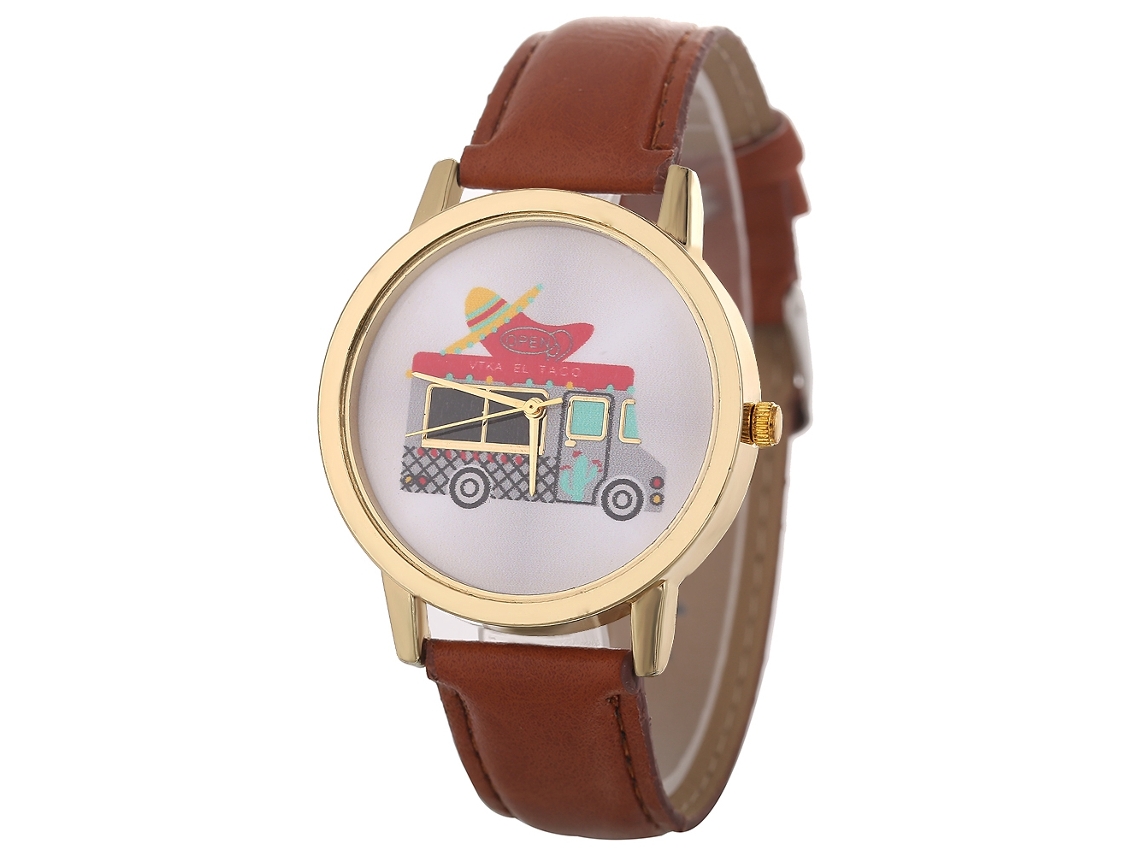 Reloj De Pulsera Unisex De Cuarzo Con Estampado De Coches En Piel Sintética (marrón Oscuro)