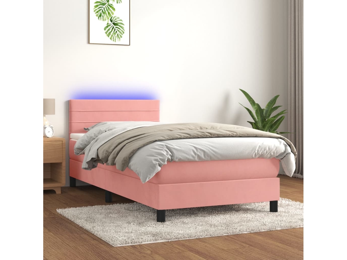 Cama Box Spring Colchón Y Led Terciopelo Rosa 100x200 Cm