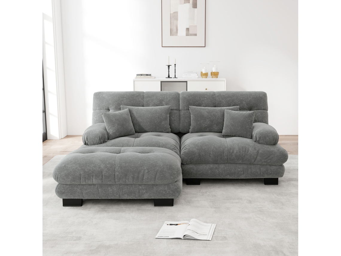 Sofá Cloud 2 Plazas - Chenille Con 2 Cojines Lumbar, 2 Cojines Decorativos, Reposabrazos Anchos Y Ottoman - Gris