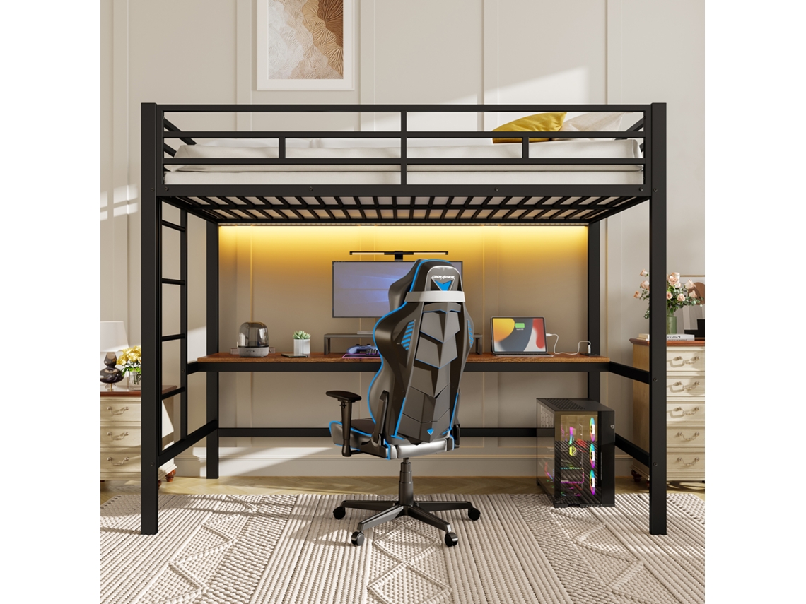 Cama alta de 90x200 cm con barandillas, mesa con escalera, USB y enchufes, estilo metal negro.