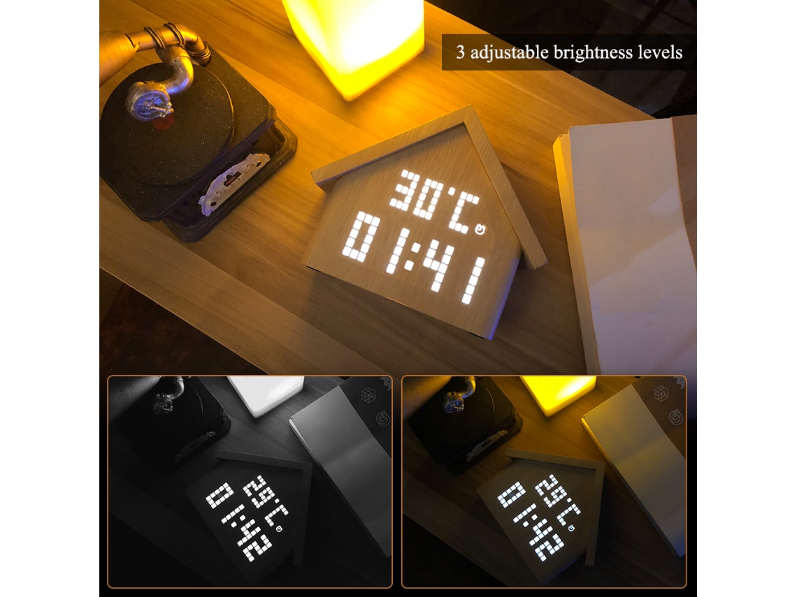 Reloj despertador digital de madera Baok con LED, control de sonido, brillo ajustable e indicadores de temperatura y humedad para dormitorio. Estilo 1.