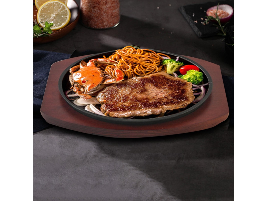 (19cm) Parrilla De Hierro Fundido Con Fondo De Madera, Adecuada Para Asar Carnes Y Mariscos En Casa O En Un Restaurante.