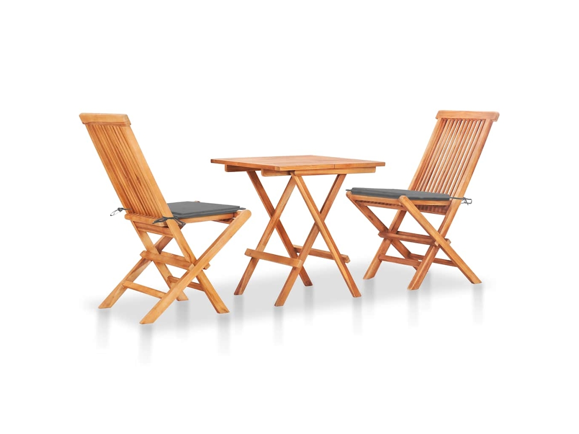 Conjunto Bistrô C/ Almofadões Cinzentos 3 Pcs Teca Maciça Dkd Home Decor