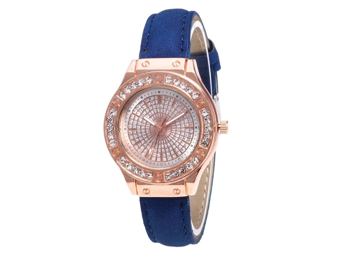 Reloj De Pulsera De Cuarzo Para Mujer Con Correa De Piel Sintética Y Diamantes De Imitación Azul Marino.