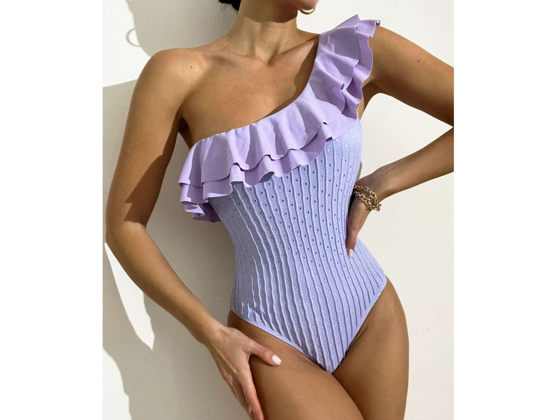 Traje de baño morado ajustado sin aros con volantes y un solo hombro, talla S