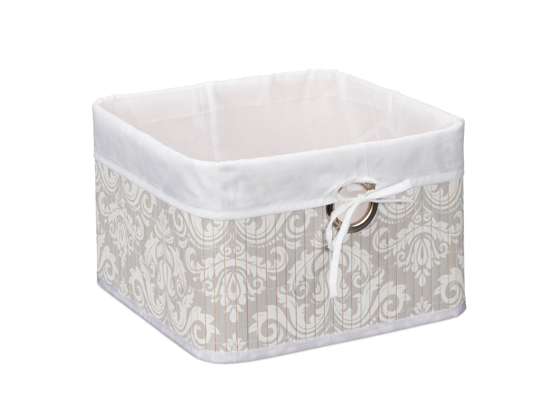 Relaxdays Cesto Almacenamiento Bambú Estampado, Funda Tela, Baño, 20x31x31 Cm, Cesta Plegable, Cuadrado, Gris Y Blanco