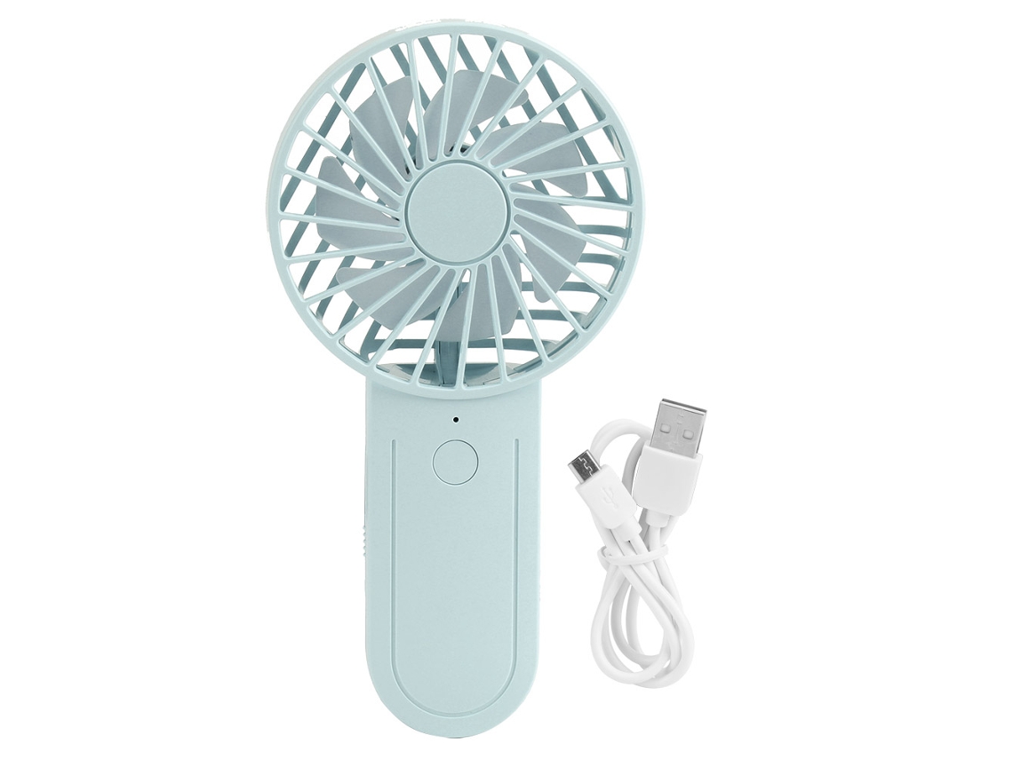 Ventilador USB portátil con gancho, verde, para viajes y uso en la oficina.