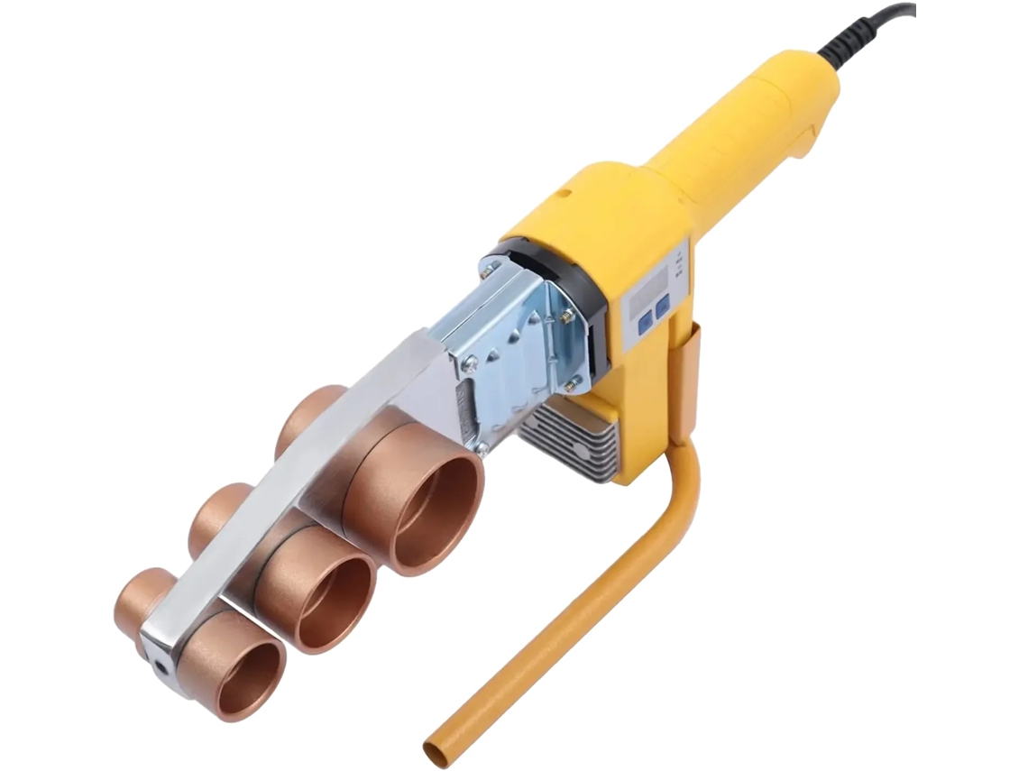 Máquina de soldadura de manguitos, control de temperatura ajustable, compatibilidad versátil con tuberías, color amarillo.