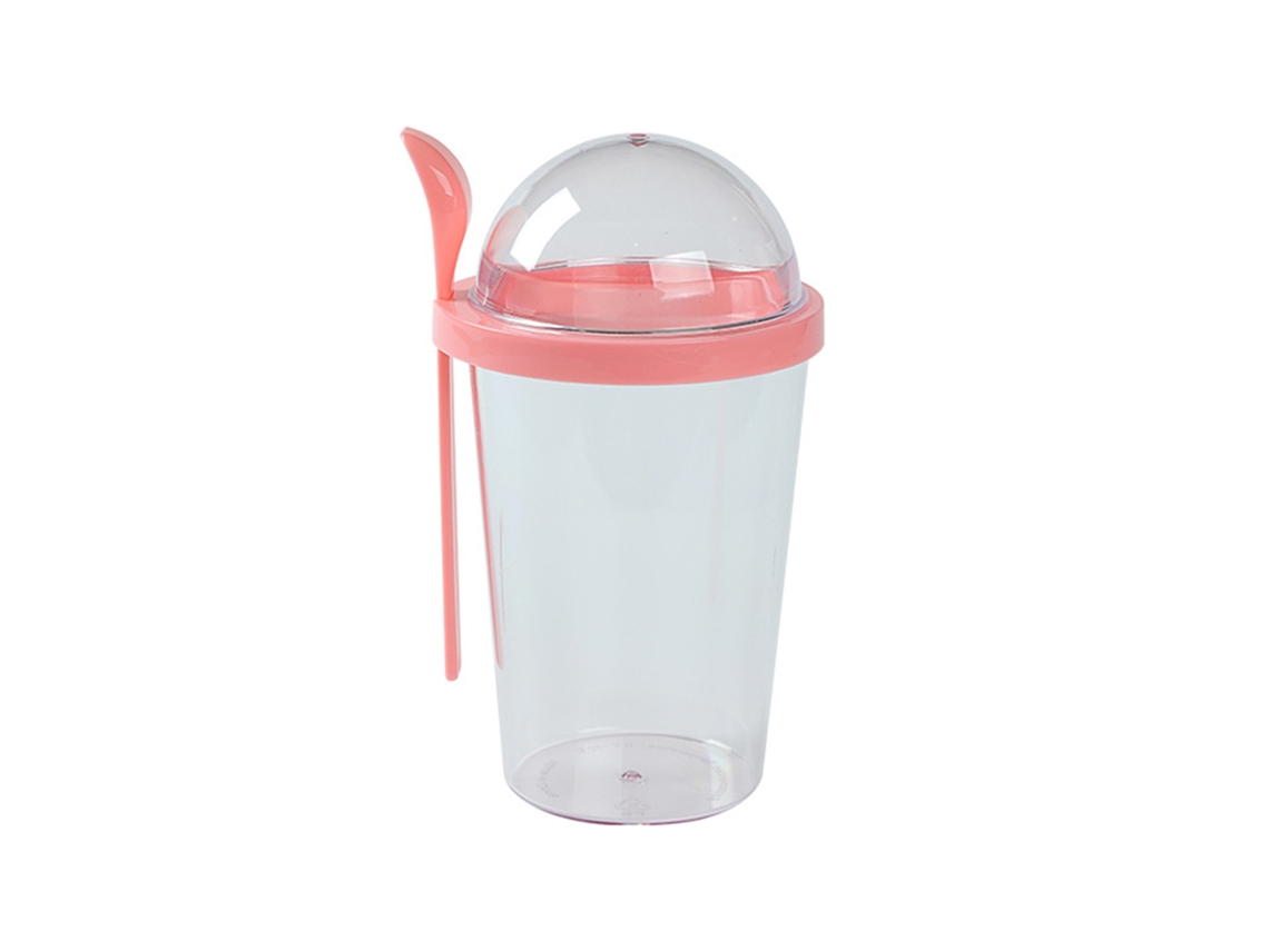 Vaso para ensalada de frutas y verduras con cuchara y tapa, portátil para desayuno, yogur, leche o avena, color rosa