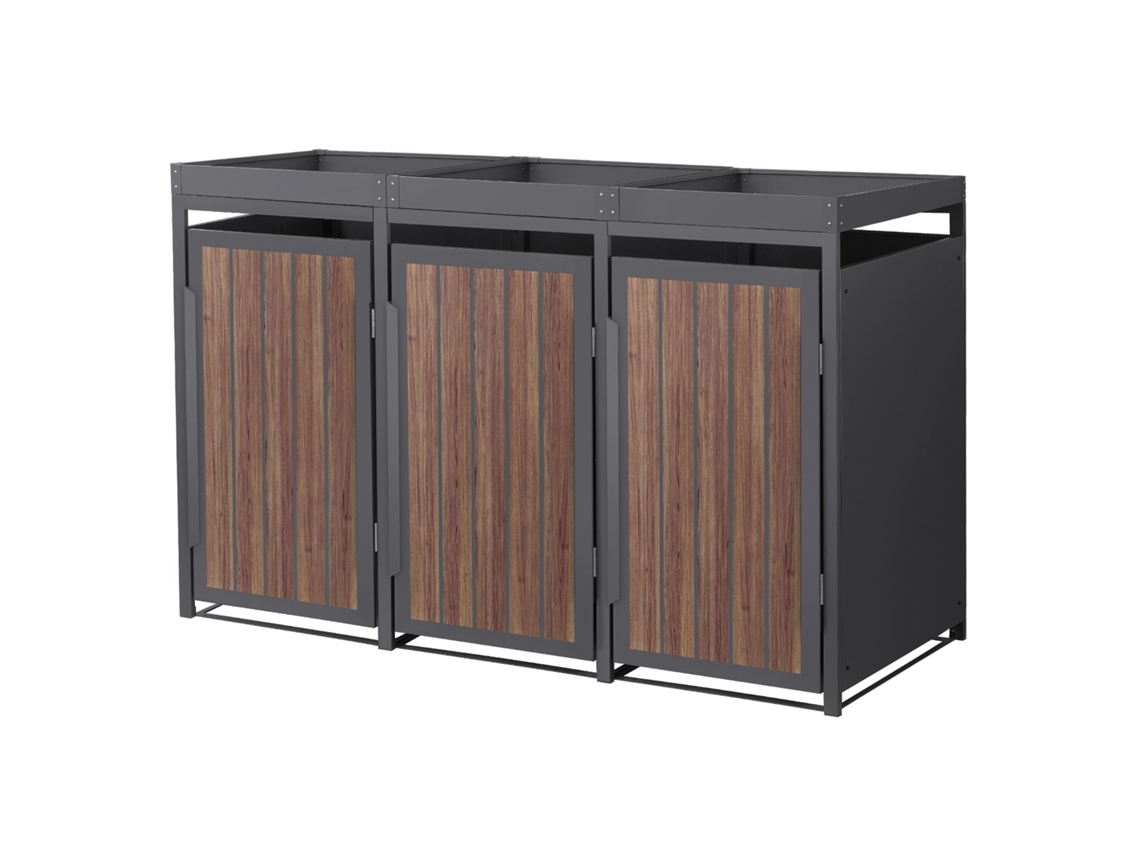 Cobertizo Ml-design Para 3 Cubos De Basura 240l Acero Antracita Roble Oscuro Con Macetero