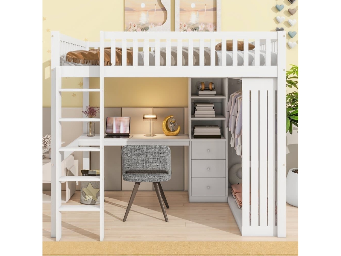 Cama Alta De Madera De 140x200 Cm - Con Escritorio Y Armario - Blanco