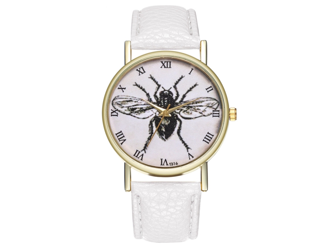 Reloj De Pulsera Para Parejas Con Estampado De Insectos, Correa De Cuero Moderna Y Movimiento De Cuarzo Blanco.