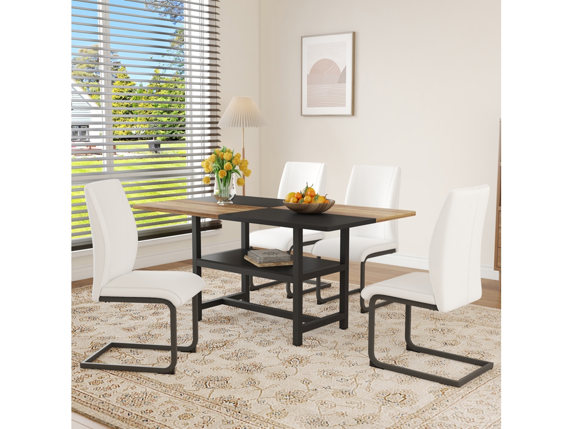 Mesa de comedor con estantería multifuncional y 4 sillas de piel sintética blanca, diseño moderno, 160x90 cm, BGA STORE