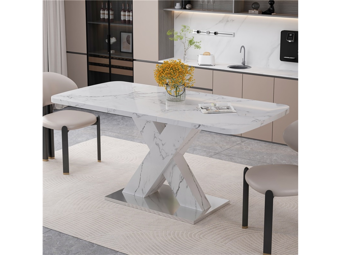 Mesa de comedor extensible de 120-160 cm, mármol blanco con patas en forma de X, VELTRIX