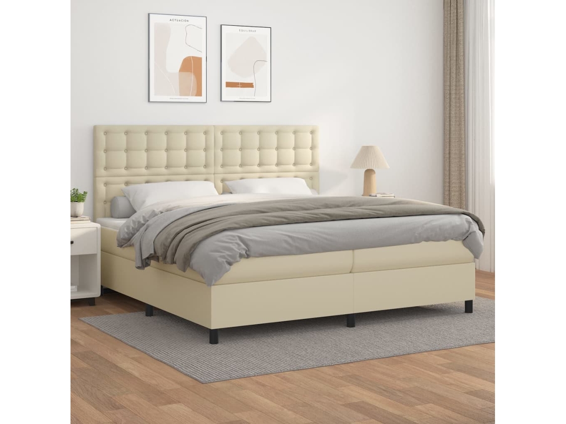 Syfax™ Cama Box Spring Con Colchón Cuero Sintético Crema 200x200 Cm