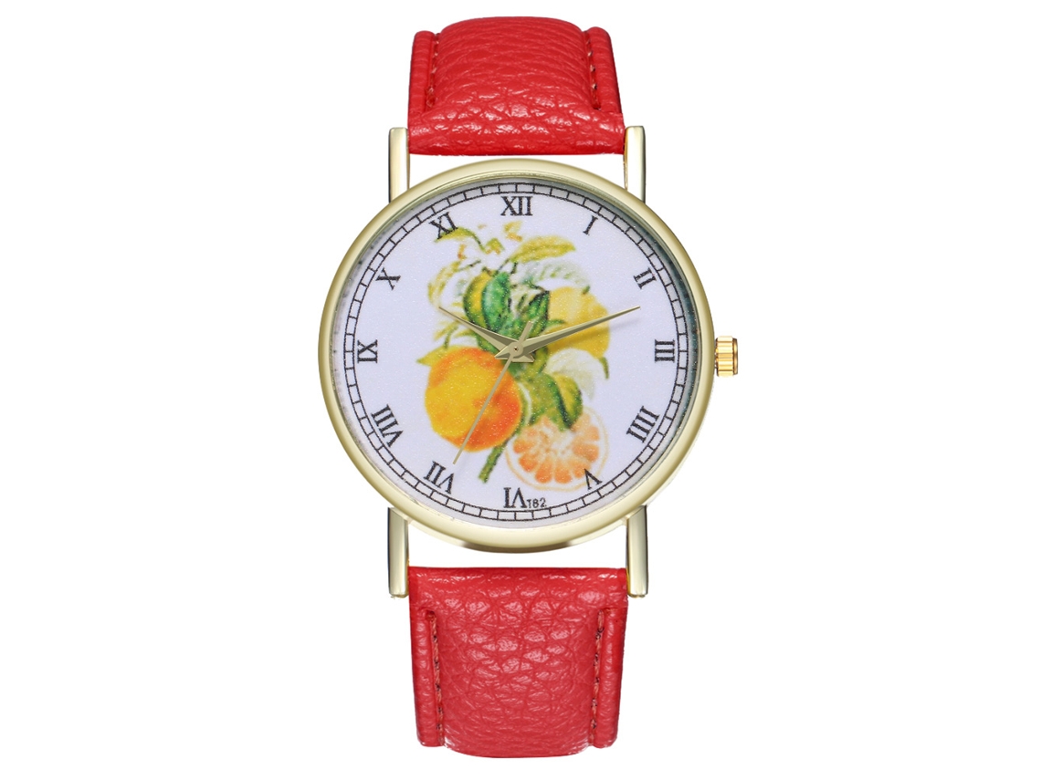 Reloj De Pulsera De Cuero Con Patrón De Frutas Moda Cuarzo Para Hombre Y Mujer Rojo