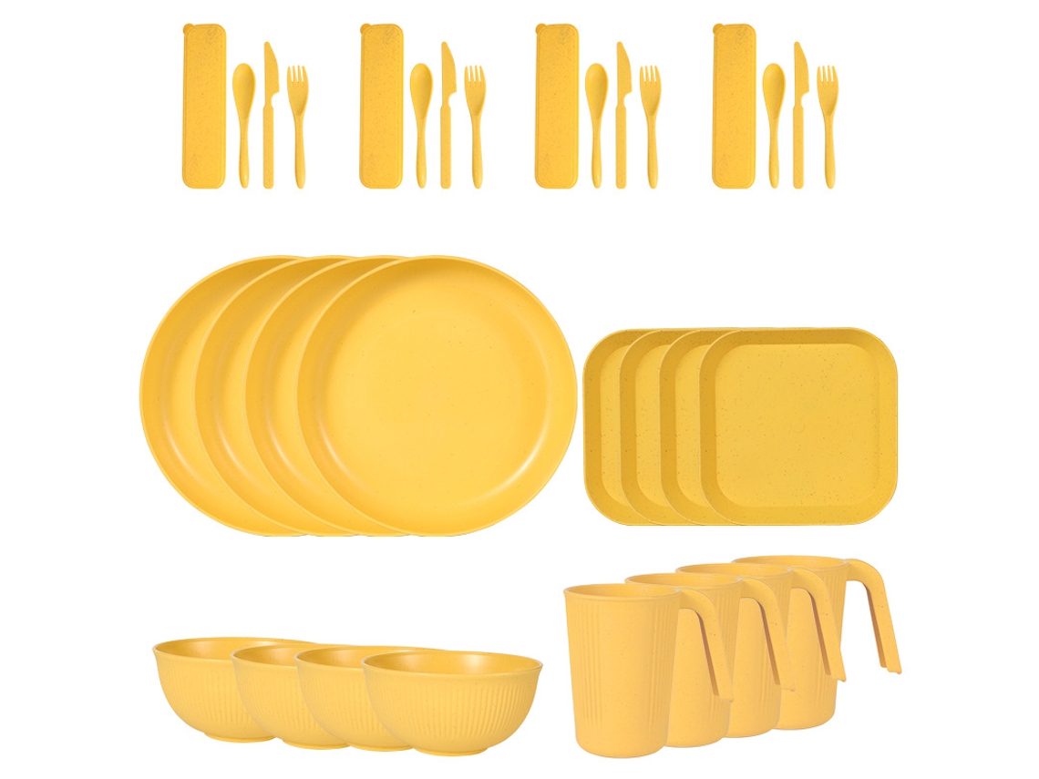 Juego de cubiertos de paja de trigo de 32 piezas, platos y cuencos reutilizables resistentes a caídas, amarillo Digitallab