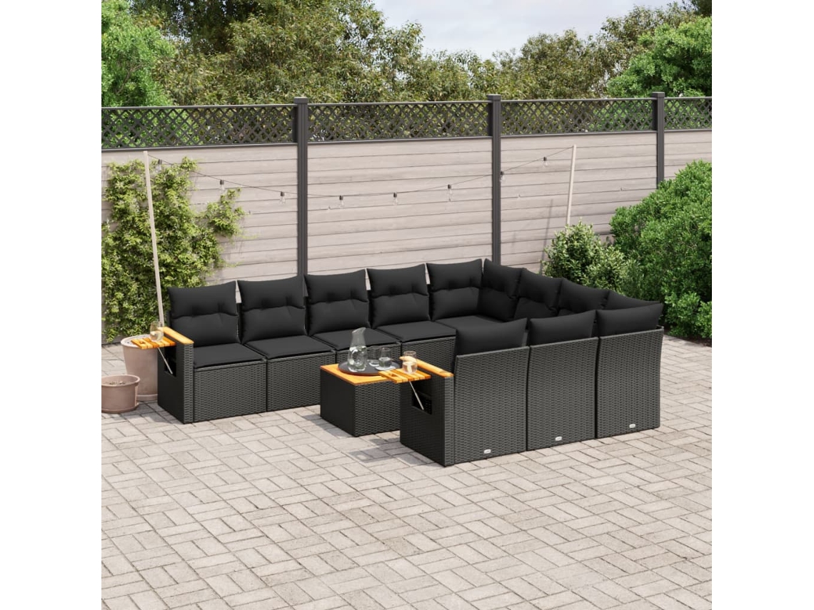 Conjunto de sofá de jardín de 11 piezas con cojines de mimbre sintético negro de DKD Home Decor