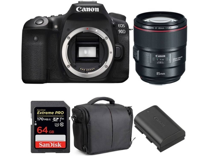 Kit Cámara CANON EOS 90D + EF 85mm f/1.4L IS USM + SanDisk 64 GB + Batería + Bolsa (APS-C)