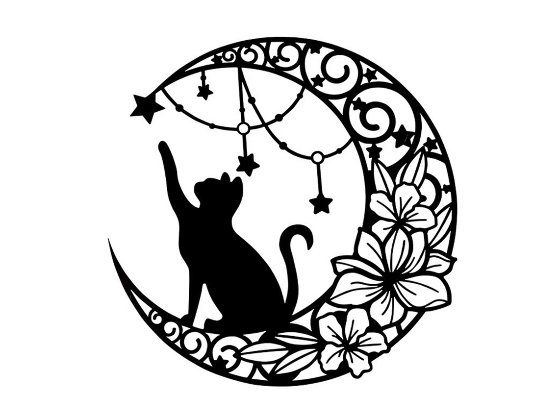 Decoración de pared Silueta Gato Luna Hierro Negro