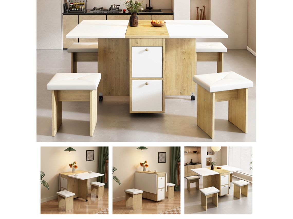Juego De Mesa De Comedor Con 4 Sillas - Mesa Plegable Con 2 Cajones 140*80*75cm - De Tablero De Partículas - Blanco Y Dorado