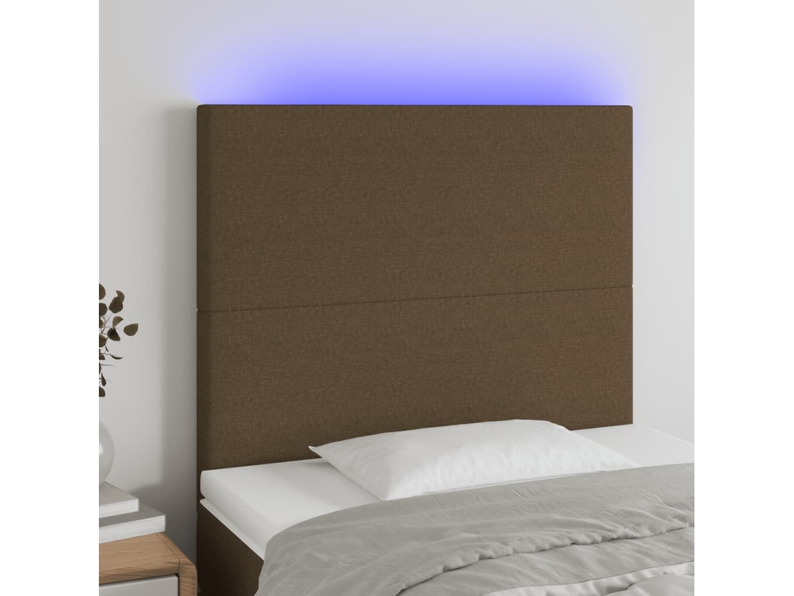Cabecero con luces LED, tela, 100x5x118/128cm, marrón