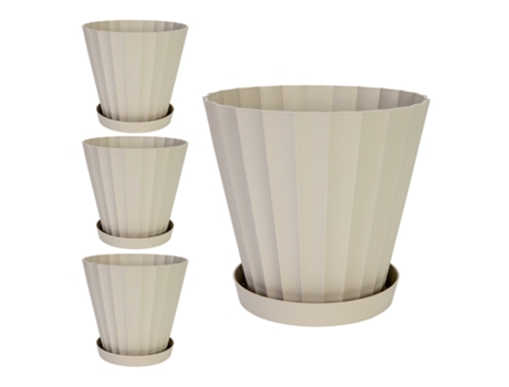 Macetas para Plantas PLASTIKEN Redonda con Platos Incluidos (4 Un - 15L - Beige - 32 x 32 x 29 cm)