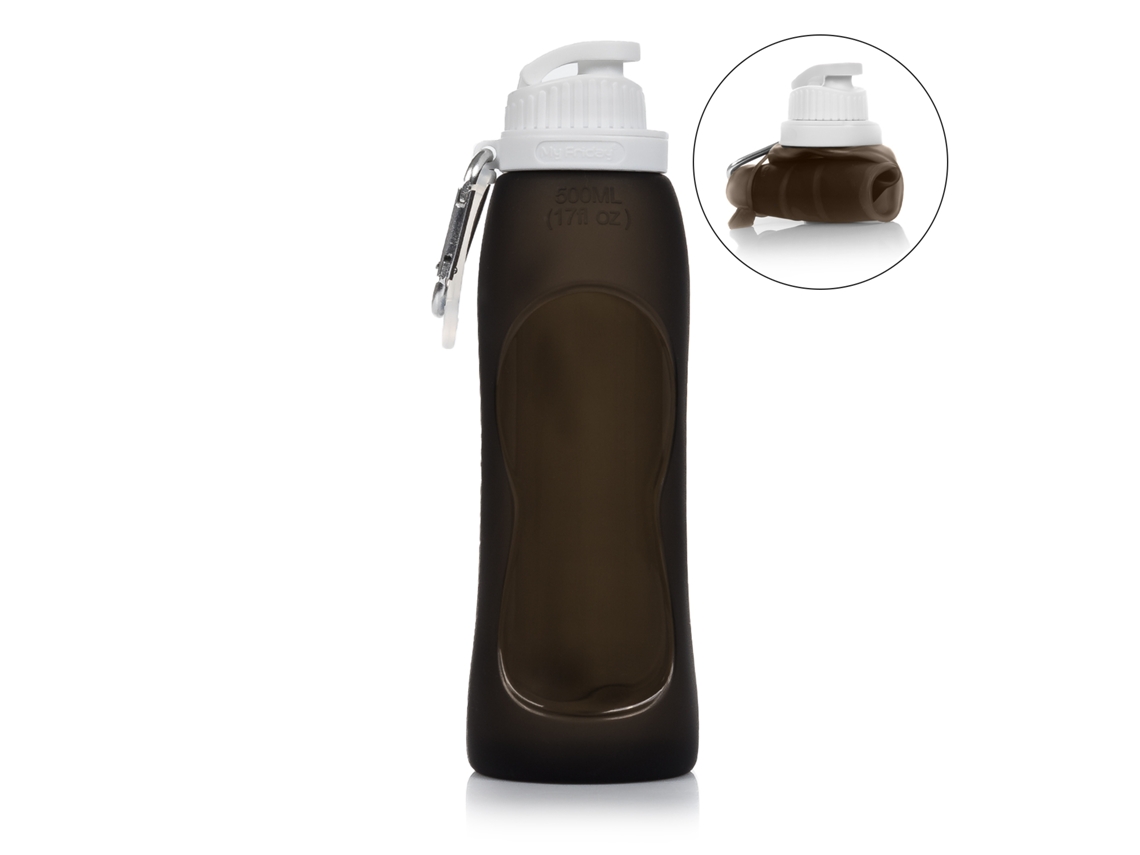 Botella enrollable plegable de 500 ml, fabricada en silicona de grado alimenticio. Con mosquetón.